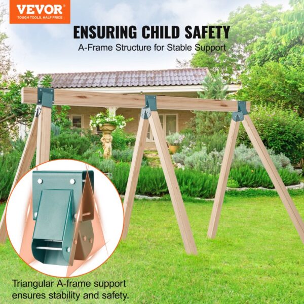 VEVOR swing set brackets for a-frame structures ensuring child safety and stability in lush green garden.