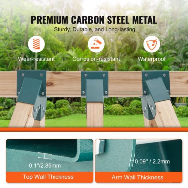 VEVOR swing set brackets showing premium carbon steel, wear-resistant, corrosion-resistant, waterproof.