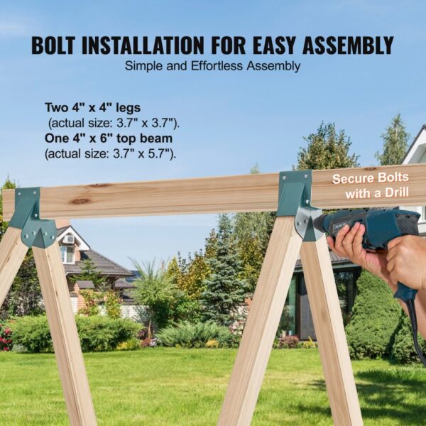 easy swing set assembly with VEVOR swing set brackets, showing secure bolts with drill on wooden frame.