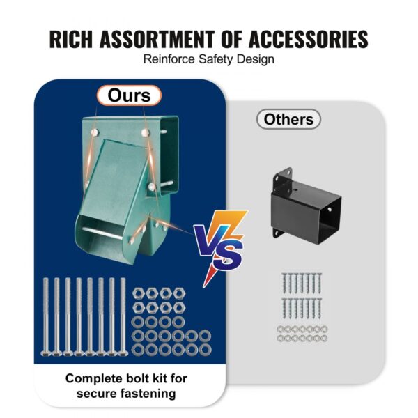 VEVOR swing set brackets comparison with complete bolt kit for secure fastening on the left.