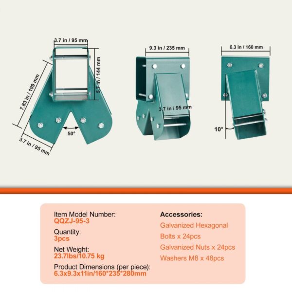 VEVOR swing set brackets with detailed dimensions, 3 pieces, includes bolts, nuts, and washers.