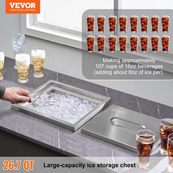 VEVOR drop in ice chest on a counter with drinks nearby and a text showing ice capacity for 107 cups.