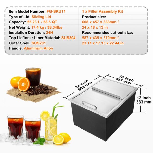 VEVOR ice chest with sliding lid, 55.23l capacity, dimensions, material details, and beverages beside.