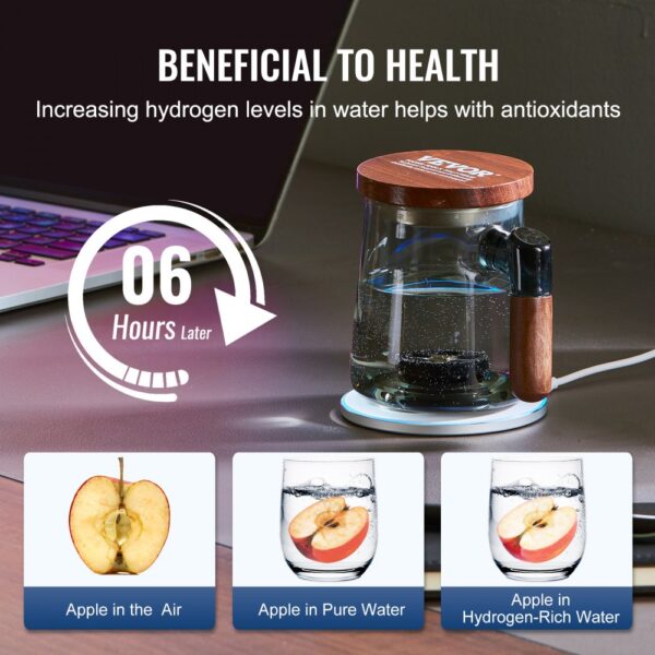 VEVOR hydrogen water cup boosting hydrogen levels in 6 hours, shown with apples in air, pure, and hydrogen-rich water.