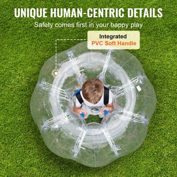 child inside clear VEVOR inflatable bumper ball with integrated pvc soft handle on grass.