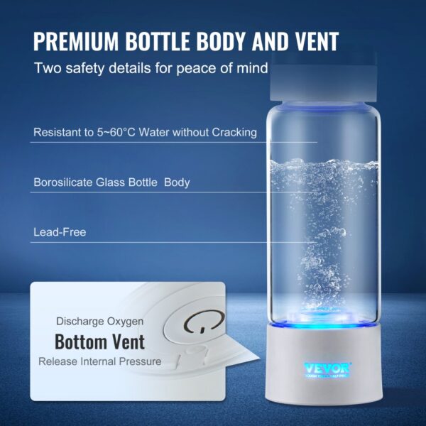 VEVOR hydrogen water bottle with borosilicate glass, resistant to 5-60°c, featuring lead-free design and bottom vent.