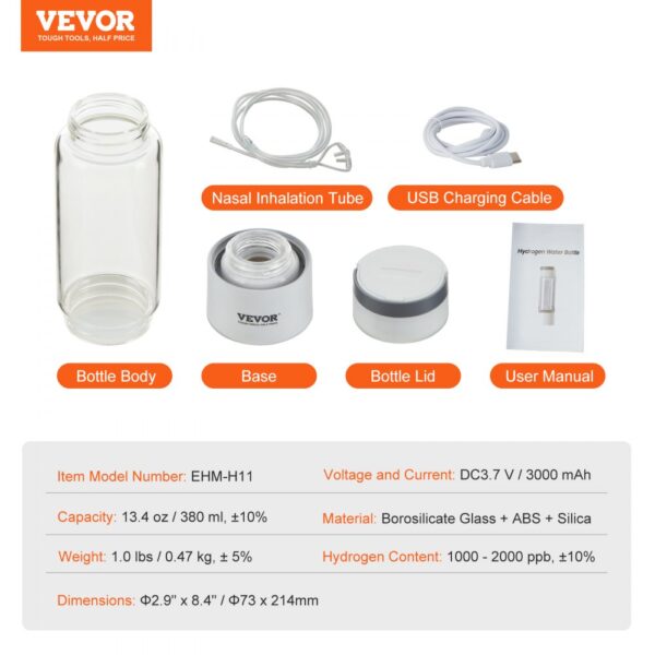 VEVOR hydrogen water bottle with base, bottle lid, nasal inhalation tube, usb charging cable, and user manual.