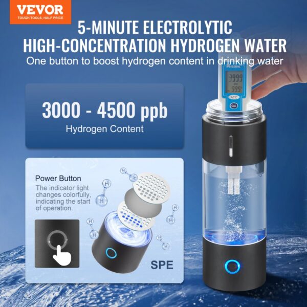 VEVOR hydrogen water bottle with 5-minute electrolytic process, 3000-4500 ppb hydrogen content.