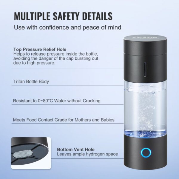 VEVOR hydrogen water bottle with safety details, top pressure relief hole, bottom vent hole, tritan body.