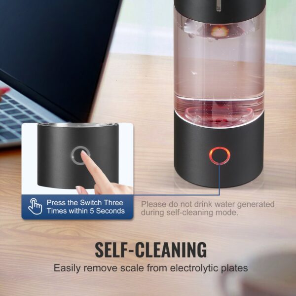 VEVOR hydrogen water bottle self-cleaning mode, with a finger pressing the button for activation.