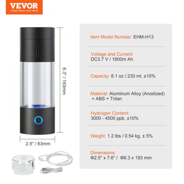 VEVOR hydrogen water bottle with 8.1 oz capacity, 1.2 lbs weight, and 3000-4500 ppb hydrogen content.