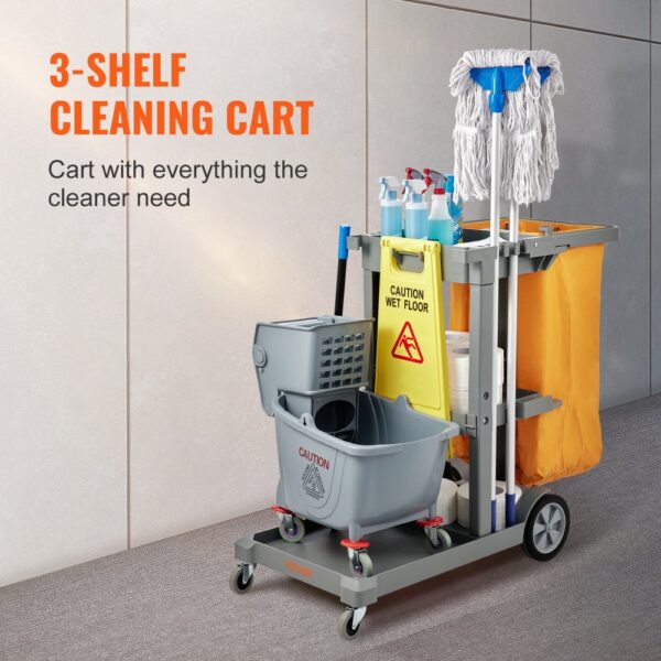 VEVOR Cleaning Cart, 3-Shelf Commercial Janitorial Cart, 200 lbs Capacity Plastic Housekeeping Cart, with 25 Gallon PVC Bag, 47" x 20" x 38.6", Yellow+Grey