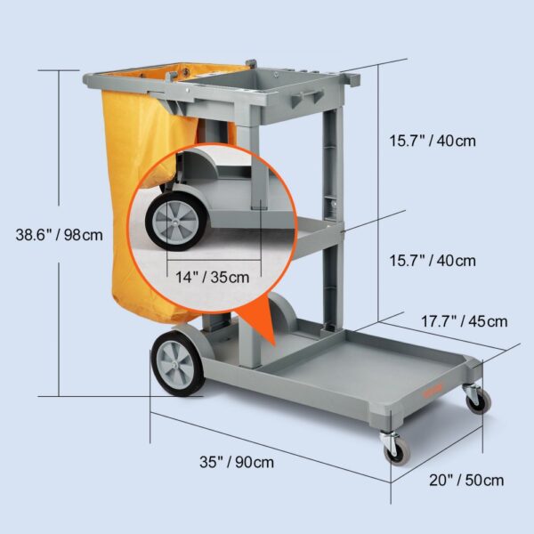 VEVOR Cleaning Cart, 3-Shelf Commercial Janitorial Cart, 200 lbs Capacity Plastic Housekeeping Cart, with 25 Gallon PVC Bag, 47" x 20" x 38.6", Yellow+Grey