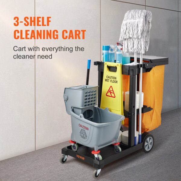 3-shelf VEVOR janitorial cart with mop, caution sign, cleaning supplies, and waste bin. perfect for cleaners.