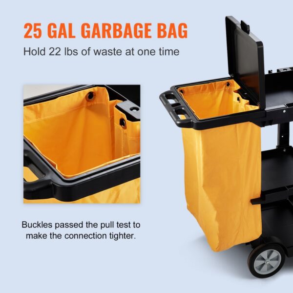 VEVOR janitorial cart with 25-gal yellow garbage bag, holding up to 22 lbs, securely fastened with buckles.