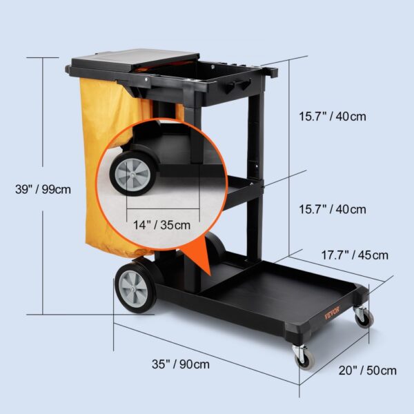 VEVOR janitorial cart with measurements: 39"x35"x20", features multiple shelves, and a yellow bag.