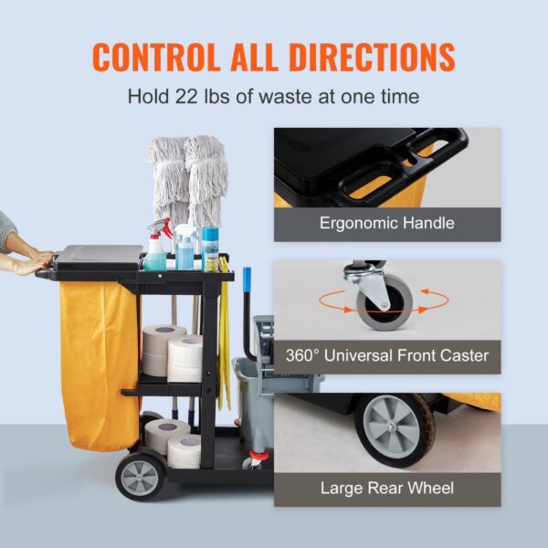 VEVOR janitorial cart with ergonomic handle, 360° front caster, large rear wheels, and storage for supplies.