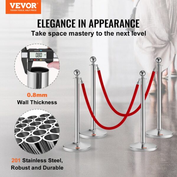 VEVOR stanchion post with red ropes, 201 stainless steel, and 0.8mm wall thickness in an elegant setting.