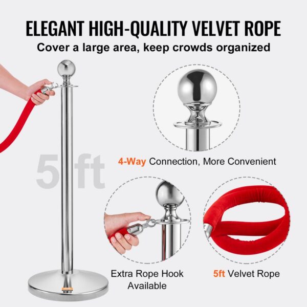 VEVOR stanchion post with 5ft velvet rope, 4-way connection, and extra rope hook for crowd control.