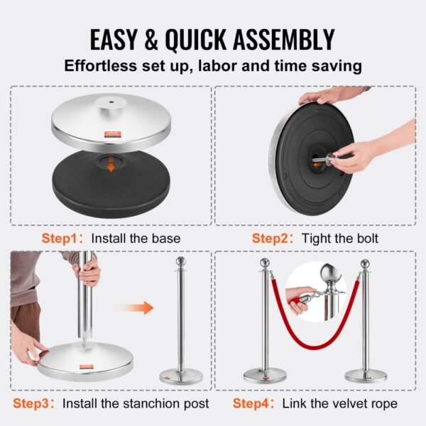 easy assembly steps for VEVOR stanchion post: install base, tighten bolt, install post, attach velvet rope.