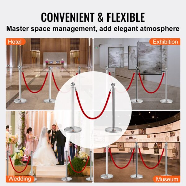 VEVOR stanchion post used in hotels, exhibitions, weddings, and museums with red ropes.