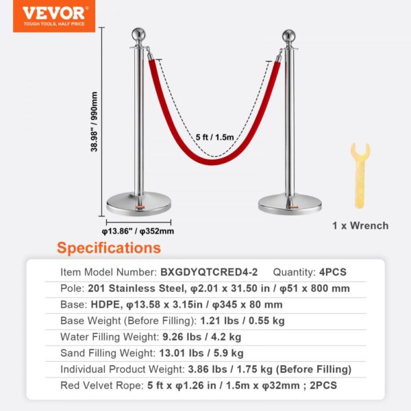 VEVOR stanchion post specs: 201 stainless steel, hdpe base, 5 ft red velvet rope, 1 x wrench included.