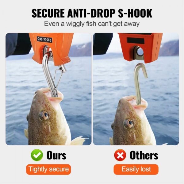 secure anti-drop s-hook on VEVOR digital crane scale holding a fish tightly compared to a loose one.