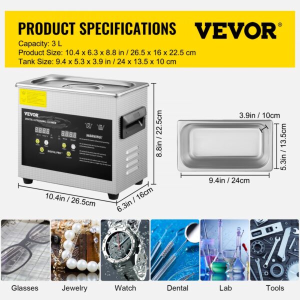 VEVOR 3L Digital Ultrasonic Cleaner Heater Timer Jewelry Eyeglasses Cleaning