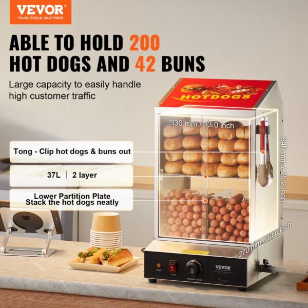 VEVOR Commercial Hot Dog Steamer 2-Tier Electric Bun Warmer 37L Slide Doors