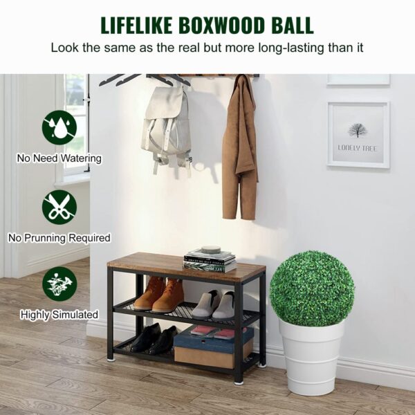 VEVOR artificial topiaries in white pot beside wooden shoe rack and coat hooks in modern hallway.
