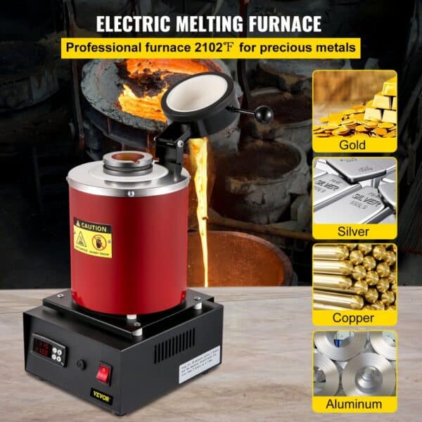 VEVOR Electric Melting Furnace, 3KG Digital Electric Melting Furnace, 1750W 1150℃/2102 ℉ Gold Smelter Furnace W/ Graphite Crucible & Ingot Die for Processing of Melting Gold, Silver, Copper, Aluminum