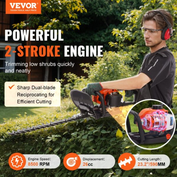 VEVOR 23.2" 26CC 2 Cycle Gas Hedge Trimmer Gas Powered Handheld Hedge Trimmer