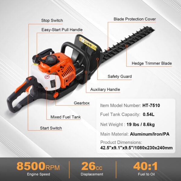 VEVOR 23.2" 26CC 2 Cycle Gas Hedge Trimmer Gas Powered Handheld Hedge Trimmer