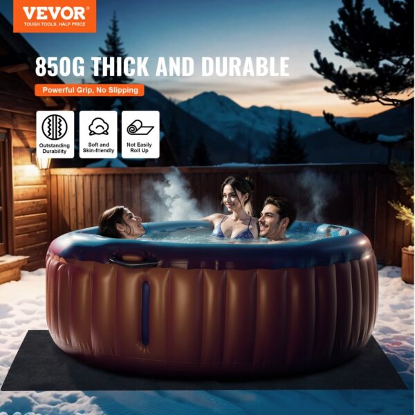 outdoor hot tub in snowy landscape with VEVOR hot tub mat, promoting 850g thickness and durability.