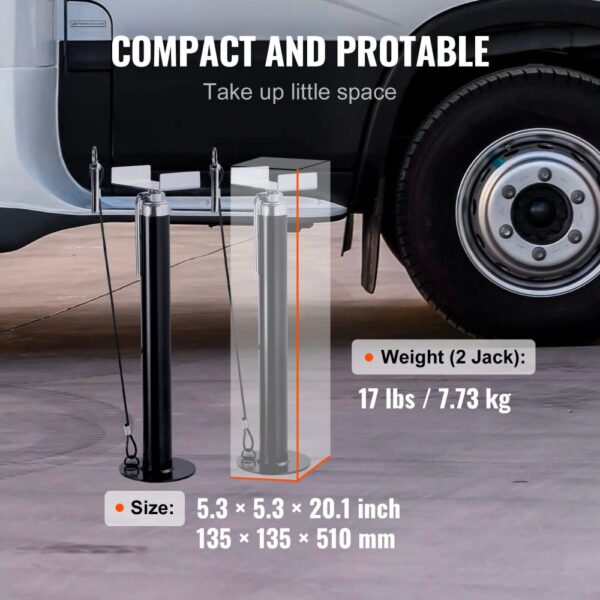 VEVOR rv slide out support jacks: compact, portable, 17 lbs, size 5.3 x 5.3 x 20.1 inches.