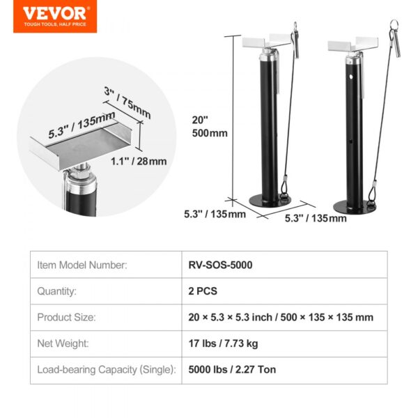 VEVOR rv slide out support jacks, model rv-sos-5000, 20-inch height, 5000 lbs capacity, 2 pcs.