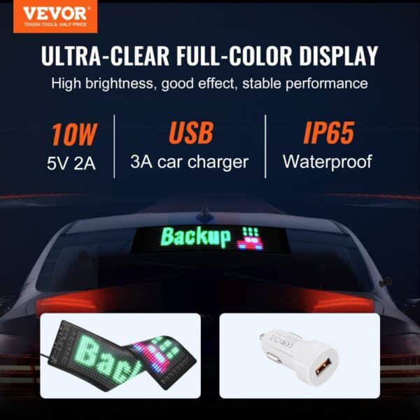 VEVOR programmable led sign with bright full-color display, usb car charger, and ip65 waterproof rating.