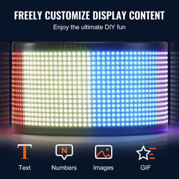 VEVOR programmable led sign showcasing customizable display with text, numbers, images, and gif options.