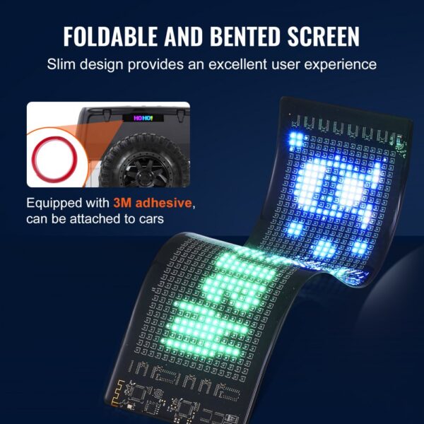 VEVOR programmable led sign, foldable with 3m adhesive for car attachment, slim design for flexibility.
