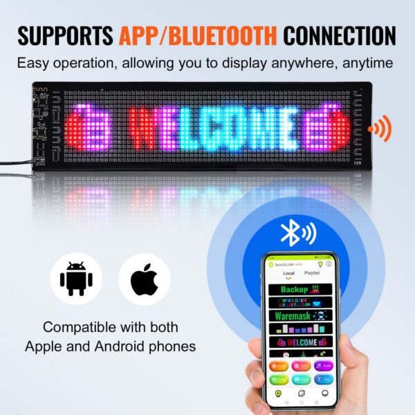 VEVOR programmable led sign with app and bluetooth connection, compatible with apple and android phones.