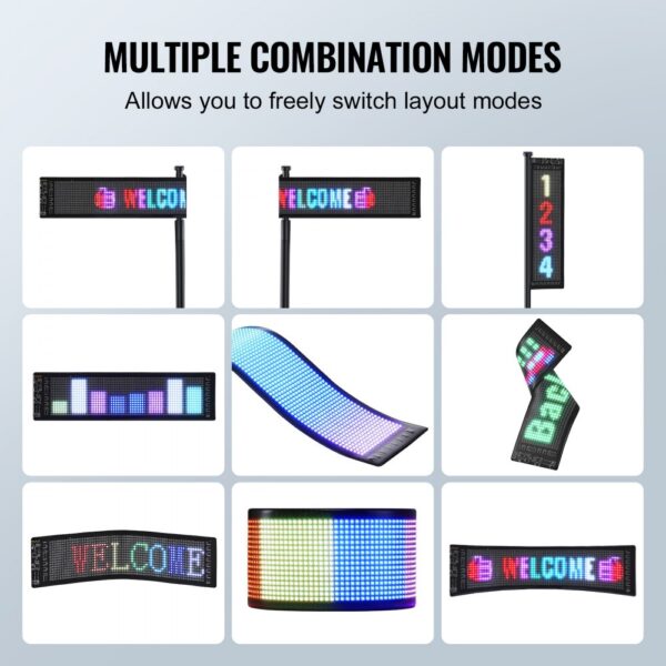 VEVOR flexible led display showcases multiple layout modes with vibrant colors