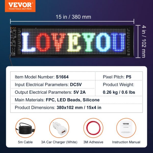 VEVOR programmable led sign, 380x102 mm, displays "love you" in multicolored text, model s1664.