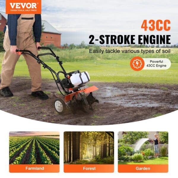 VEVOR Tiller Cultivator Gas Powered, 43CC 2-Stroke Garden Cultivator, Tiller with 4 Steel Adjustable Front Tines for Lawn, Garden and Field Soil Cultivation