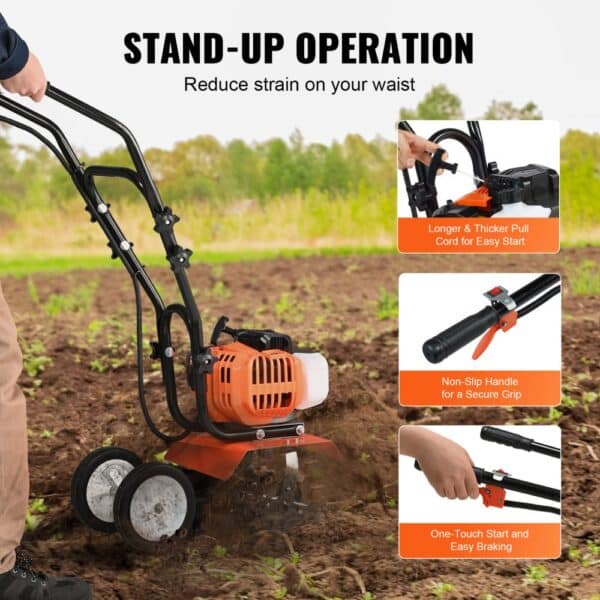 VEVOR Tiller Cultivator Gas Powered, 43CC 2-Stroke Garden Cultivator, Tiller with 4 Steel Adjustable Front Tines for Lawn, Garden and Field Soil Cultivation