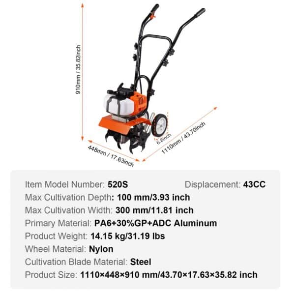 VEVOR Tiller Cultivator Gas Powered, 43CC 2-Stroke Garden Cultivator, Tiller with 4 Steel Adjustable Front Tines for Lawn, Garden and Field Soil Cultivation