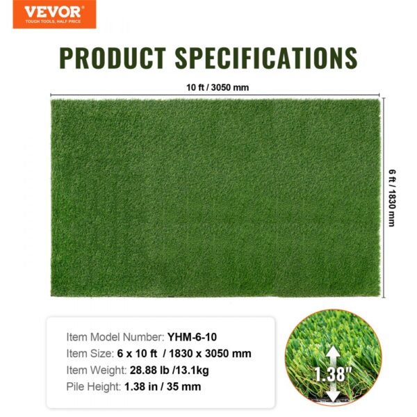 VEVOR artificial grass mat, 6 x 10 ft, pile height 1.38 in, weight 28.88 lb, model yhm-6-10