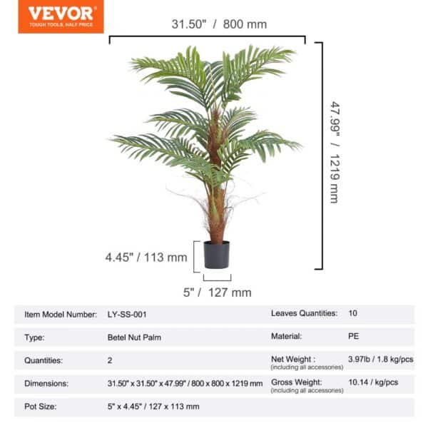 VEVOR artificial palm tree, dimensions 31.50" x 47.99", pot size 5", pe material, 10 leaves.