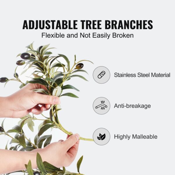 adjustable branches of VEVOR artificial olive tree, featuring stainless steel, anti-breakage, and malleability.