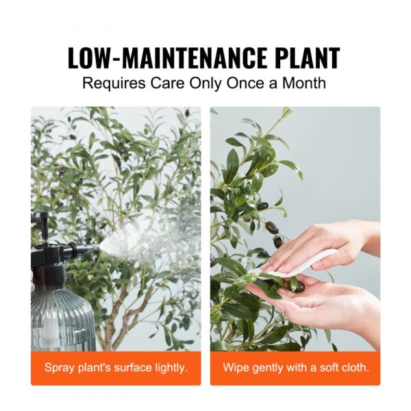 VEVOR artificial olive tree care: spray lightly and wipe with a soft cloth once a month.