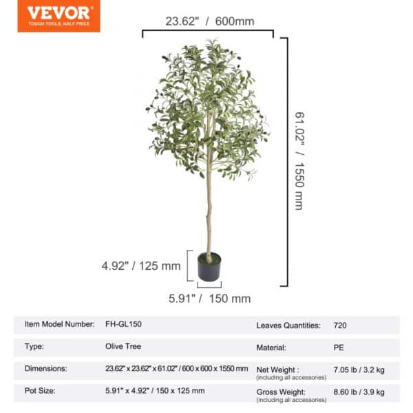 VEVOR artificial olive tree with pot, 61.02" height, 23.62" diameter, 720 leaves, model fh-gl150